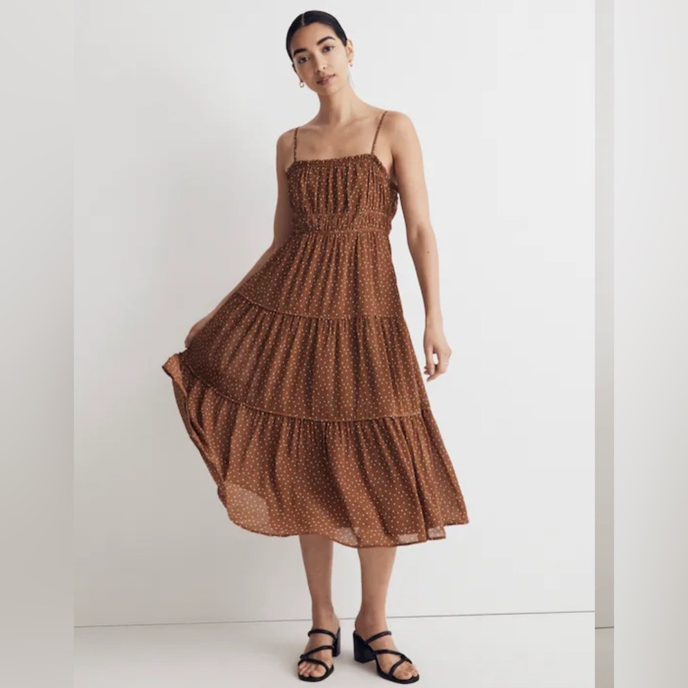 NWT Madewell Sophie Midi Brown Polka Dot Tiered Dress. Size 14W